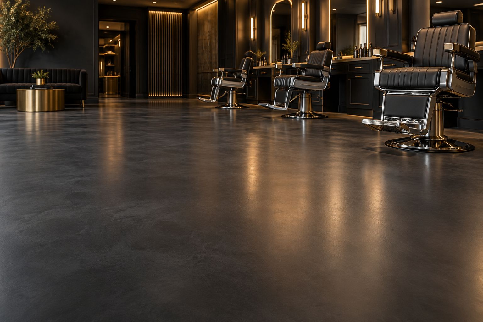 Charcoal epoxy floor in a barbershop