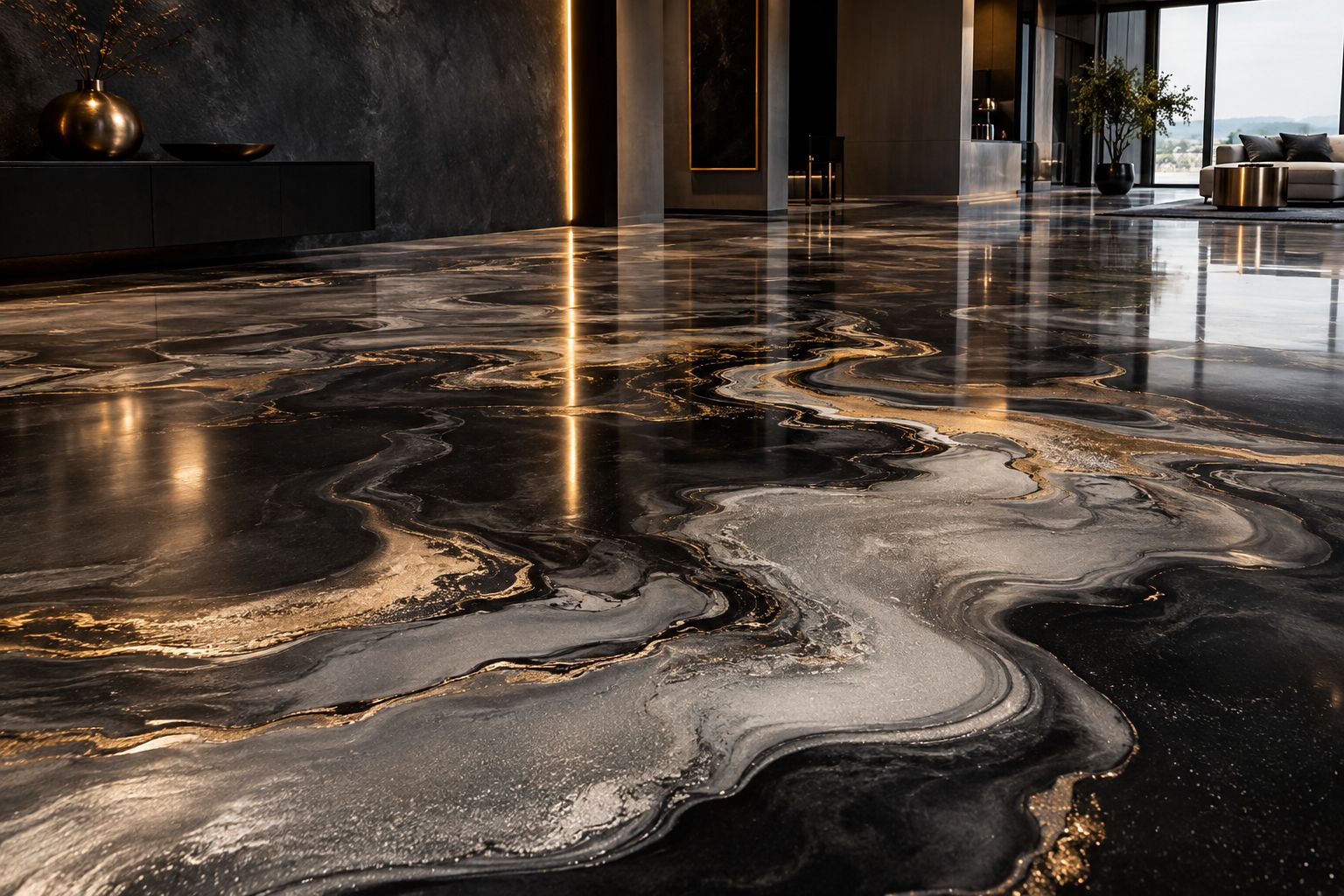 Black and gold metallic epoxy floor in a modern interior