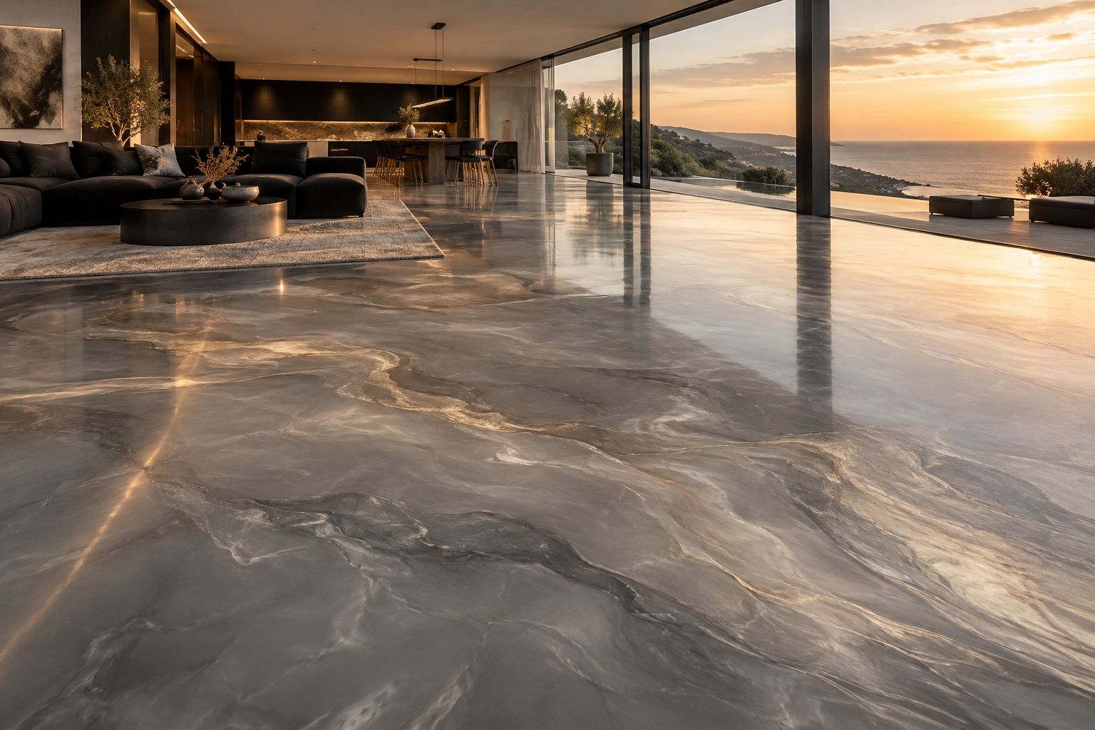 Gray marble-look metallic epoxy floor in a living room